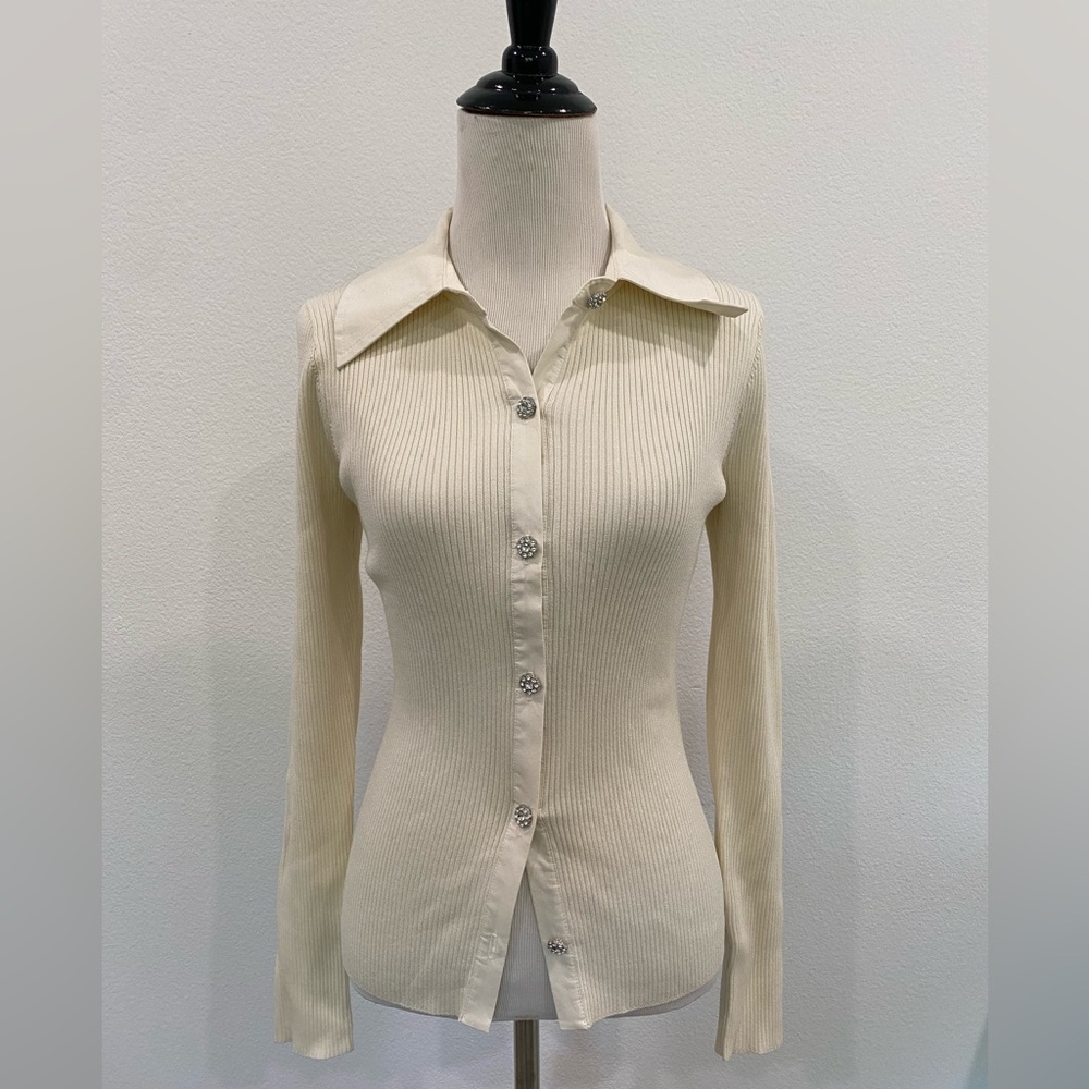 Express ribbed embellished button polo cardigan size s